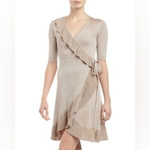 BCBG florentine ruffle wrap dress champagne gold tan beige glitter Xs small
